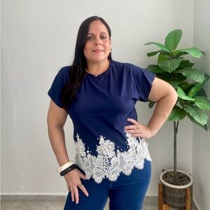 Navy Blue Top with White Lace Hem